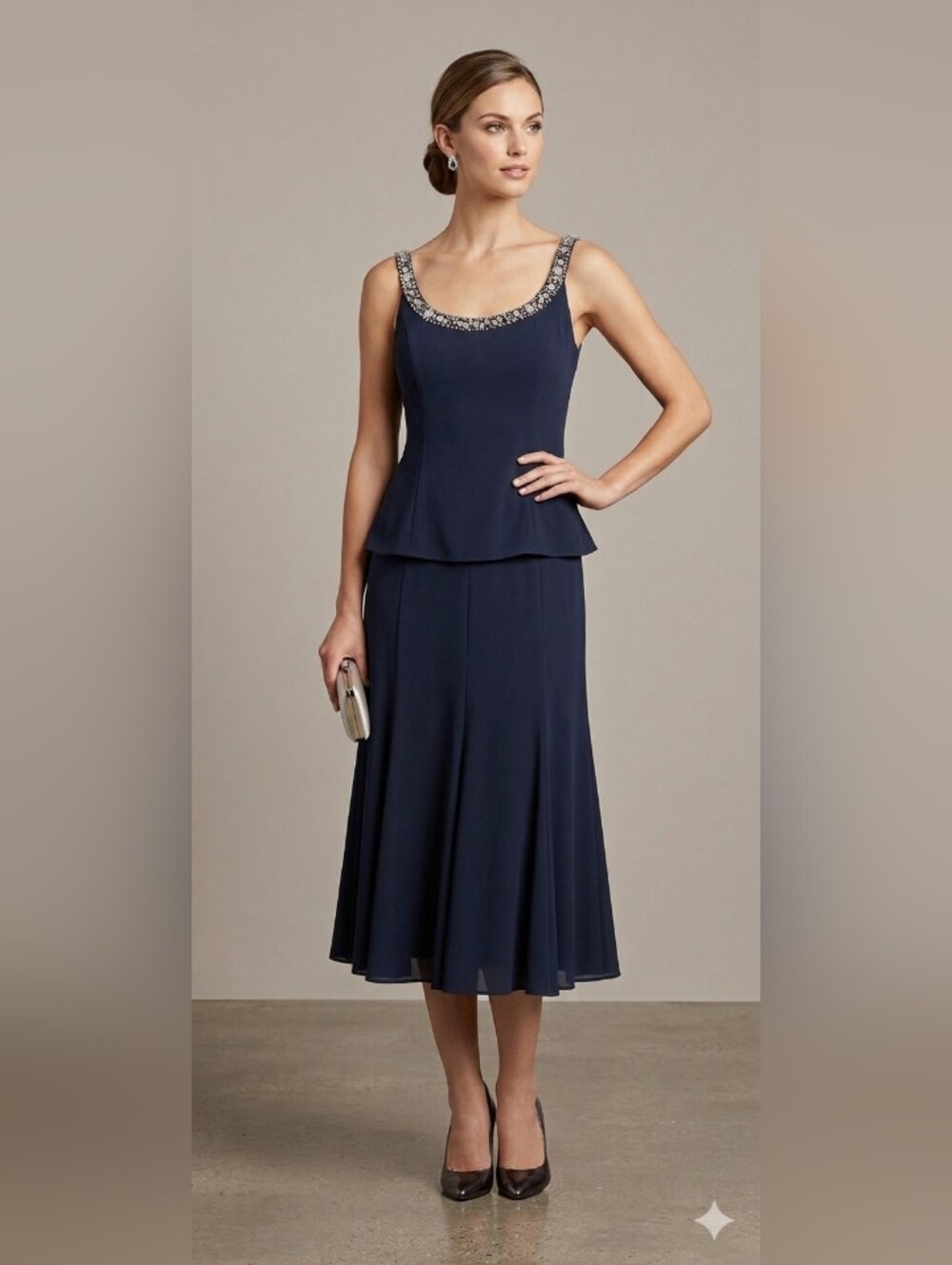 ALEX EVENINGS Navy Sleeveless Dress With A Beaded Neckline Size 14